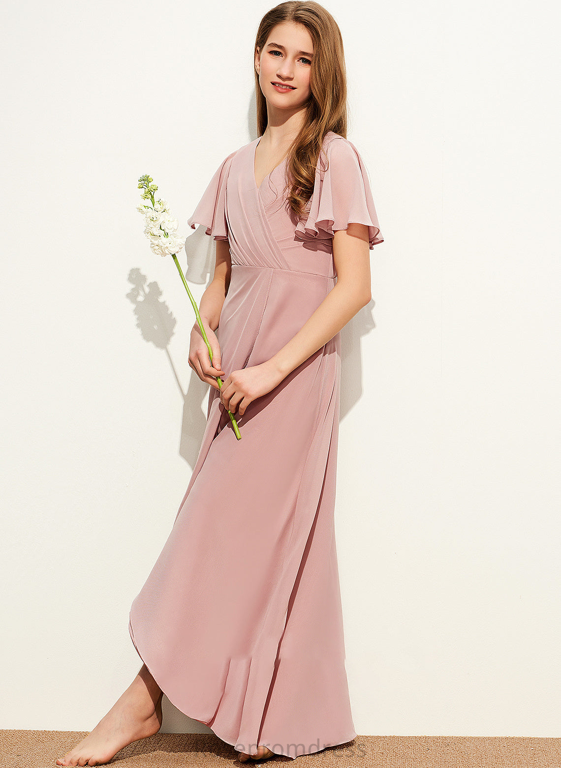 Asymmetrical A-Line Ruffle Junior Bridesmaid Dresses V-neck With Chiffon Annika