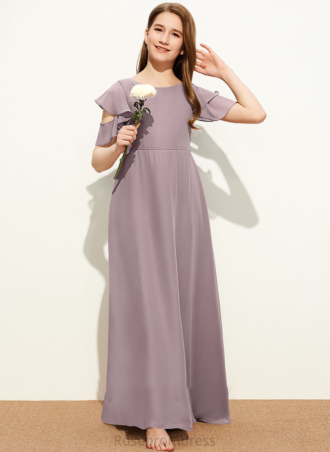 Junior Bridesmaid Dresses With Ruffles Chiffon Cascading A-Line Scoop Floor-Length Neck Lexi