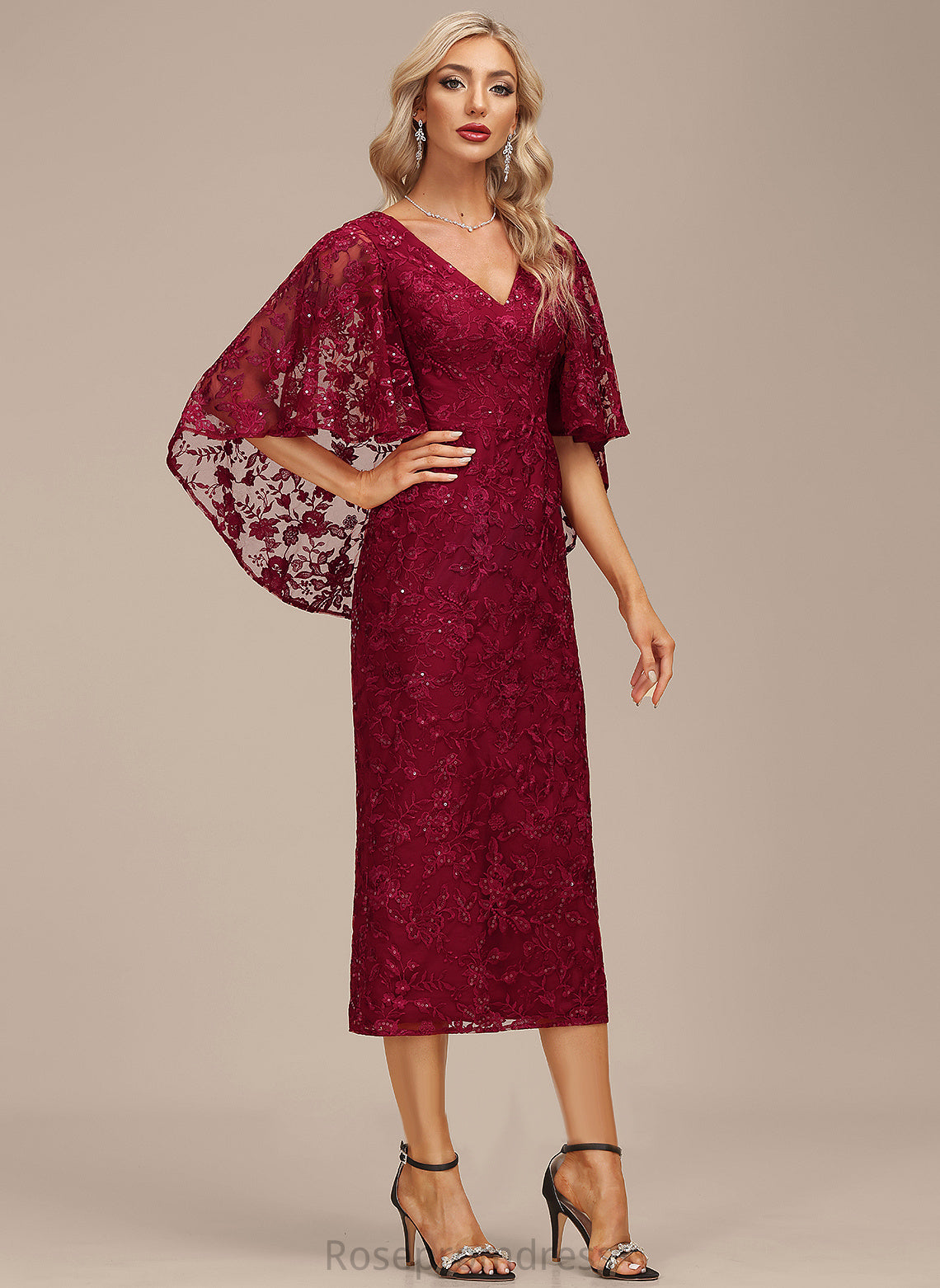 Cocktail Dresses With Lace Dress Cocktail Sheath/Column Sequins Kaelyn V-neck Tea-Length