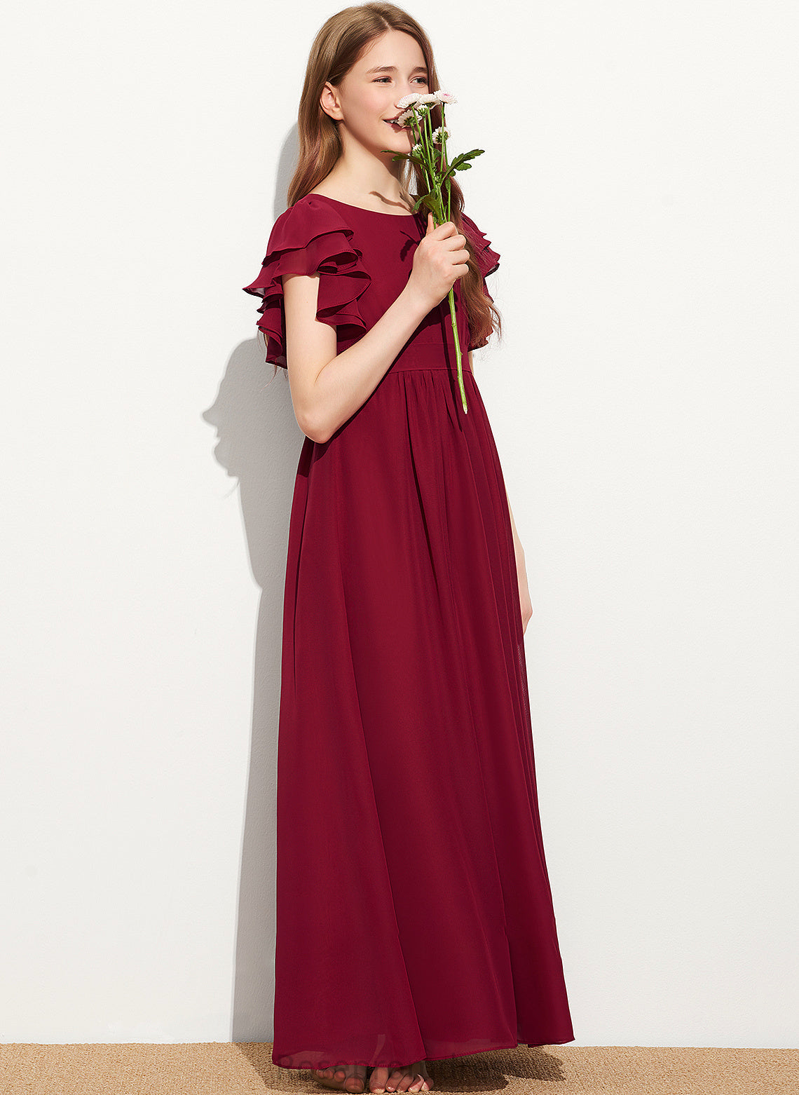 With A-Line Neck Chiffon Phoebe Scoop Junior Bridesmaid Dresses Ruffles Floor-Length Cascading