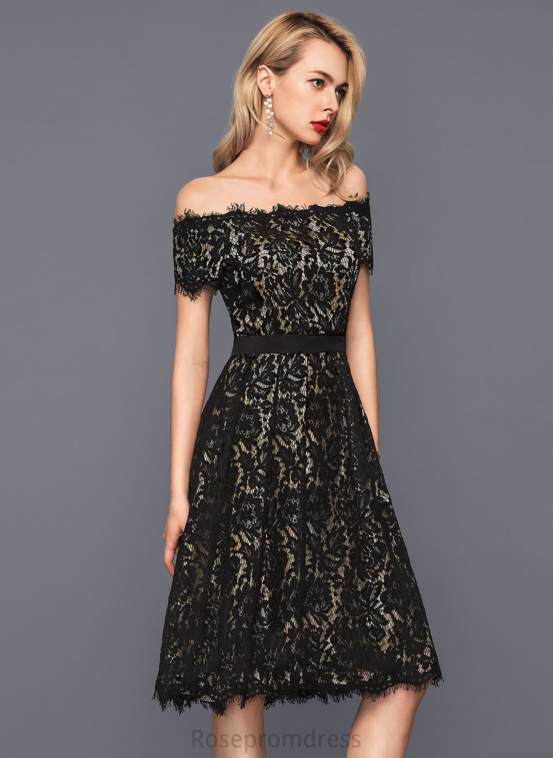 Dress A-Line Lace Cocktail Dresses Knee-Length Cocktail Kaylen Off-the-Shoulder Charmeuse