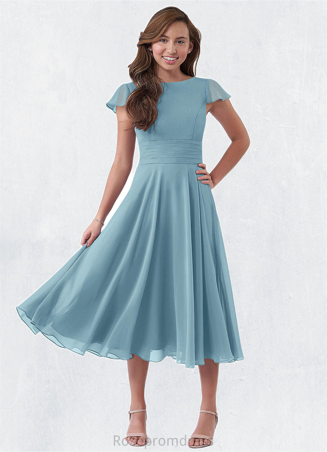 Paisley A-Line Bow Chiffon Tea-Length Junior Bridesmaid Dress SRSP0019974