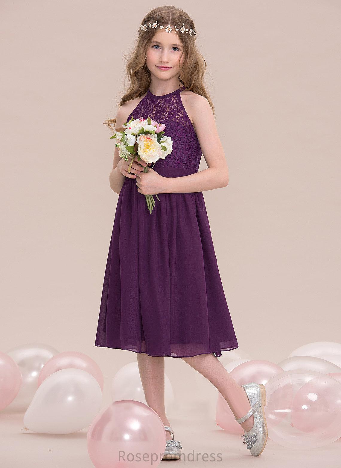 A-Line Knee-Length Scoop Baylee Junior Bridesmaid Dresses Chiffon Neck