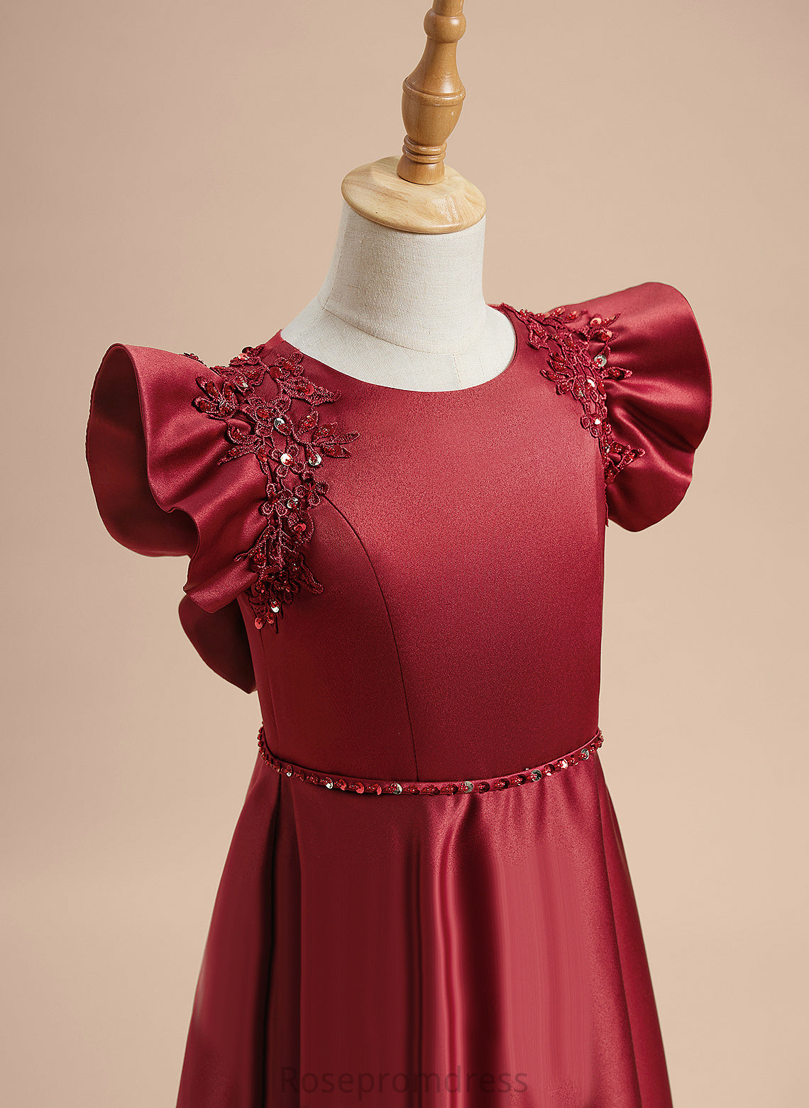 Beading/Sequins Scarlet Flower Satin Sleeves - Girl Floor-length Flower Girl Dresses Neck A-Line Dress Short With Scoop