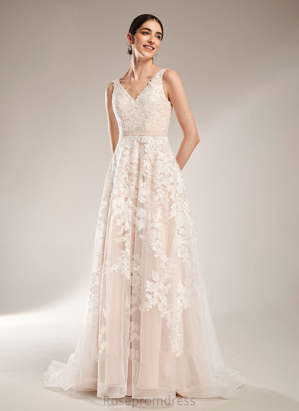 Wedding Dresses Court Train Tulle Lace Dress A-Line V-neck Wedding Alisson