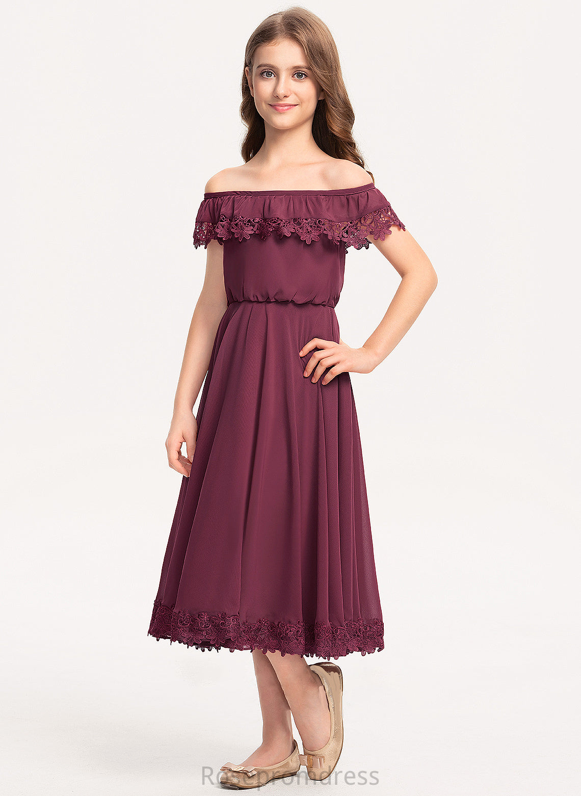 Tea-Length Zoey A-Line Off-the-Shoulder Junior Bridesmaid Dresses Chiffon Lace