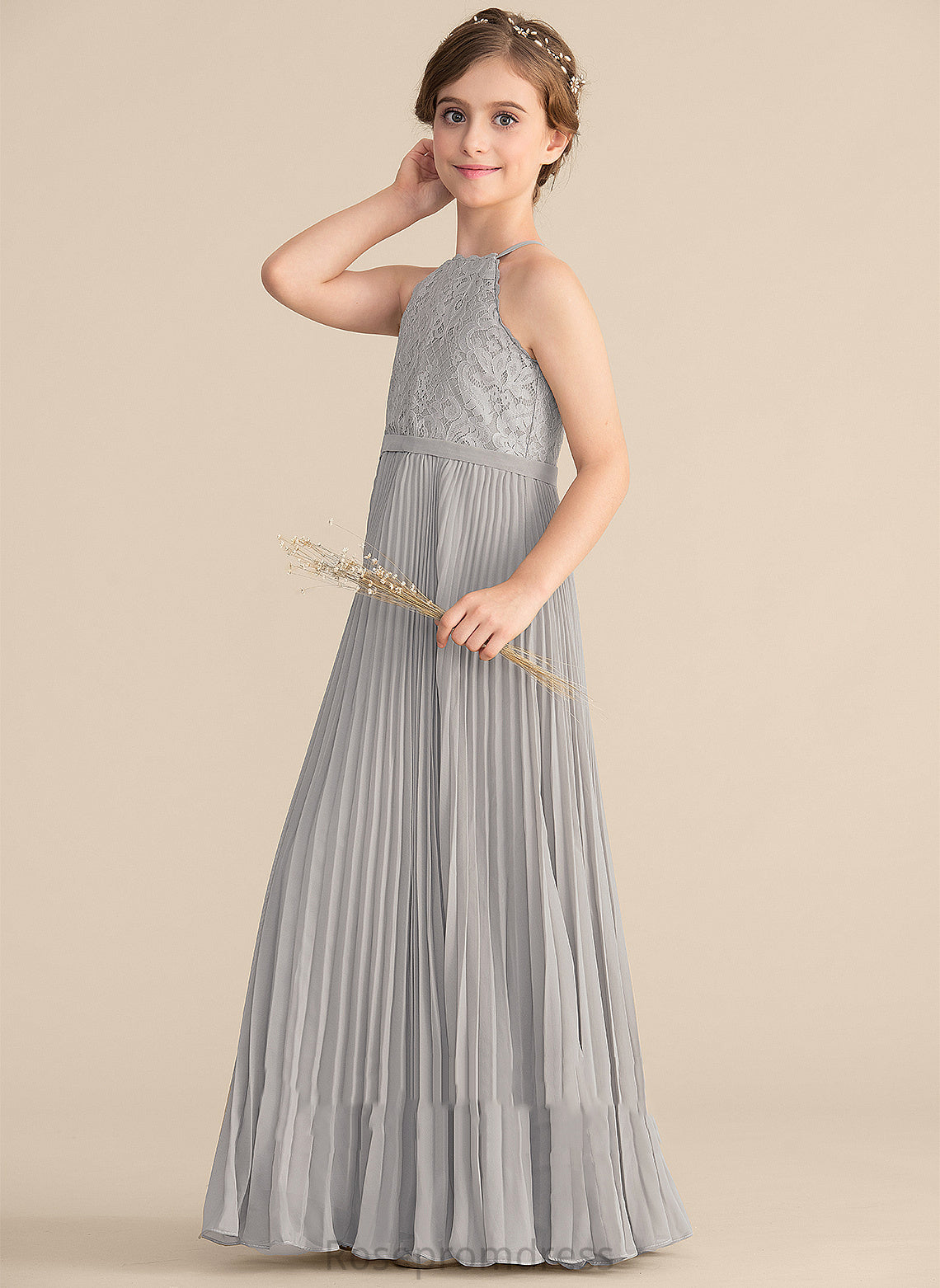 Junior Bridesmaid Dresses Olympia Floor-Length Lace Pleated Chiffon A-Line With Neck Scoop