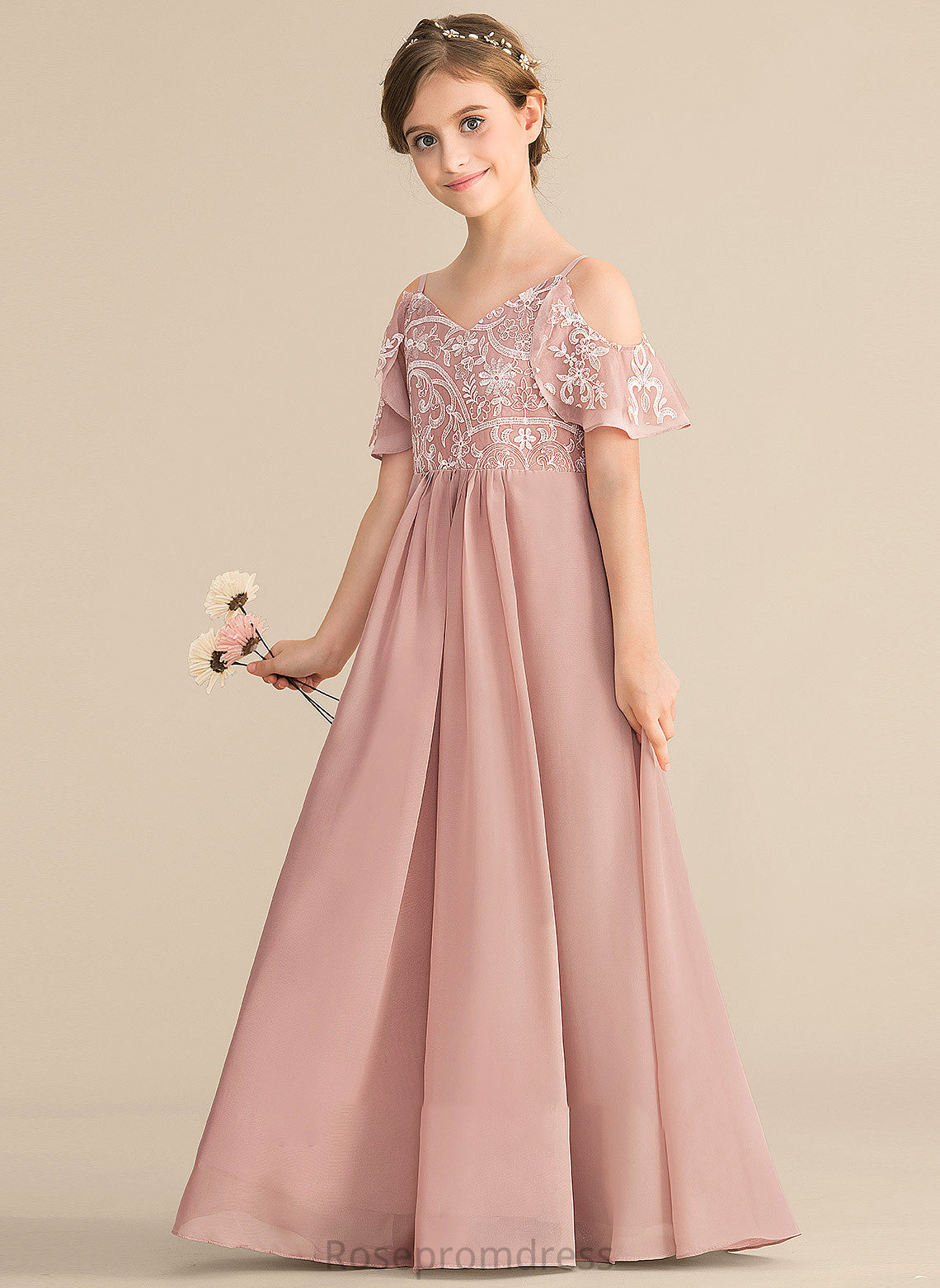 Floor-Length Lace Junior Bridesmaid Dresses Rebekah A-Line Chiffon V-neck