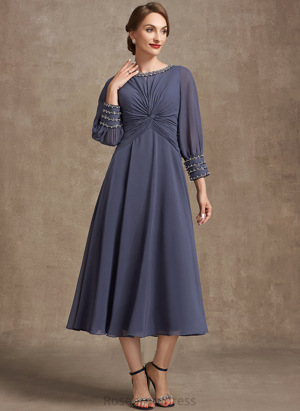 Tea-Length With Mother of the Bride Dresses of Chiffon Bride Mother Ruffle A-Line the Payten Scoop Neck Dress Beading