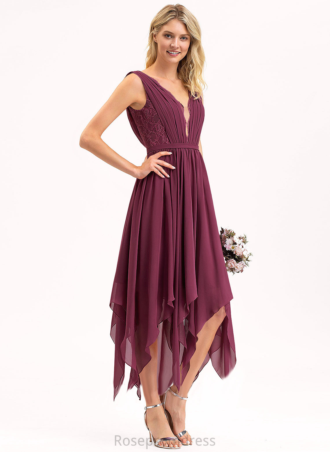 V-neck Dress Cocktail Cocktail Dresses Persis Chiffon Ankle-Length Lace A-Line