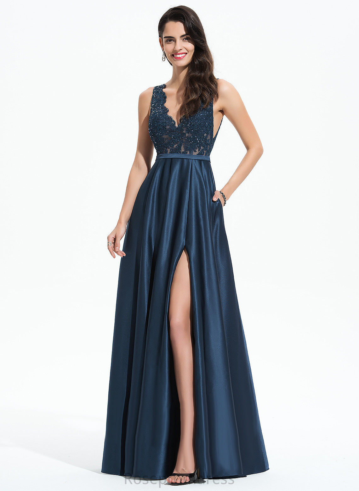 With V-neck A-Line Floor-Length Mignon Satin Sequins Prom Dresses Lace