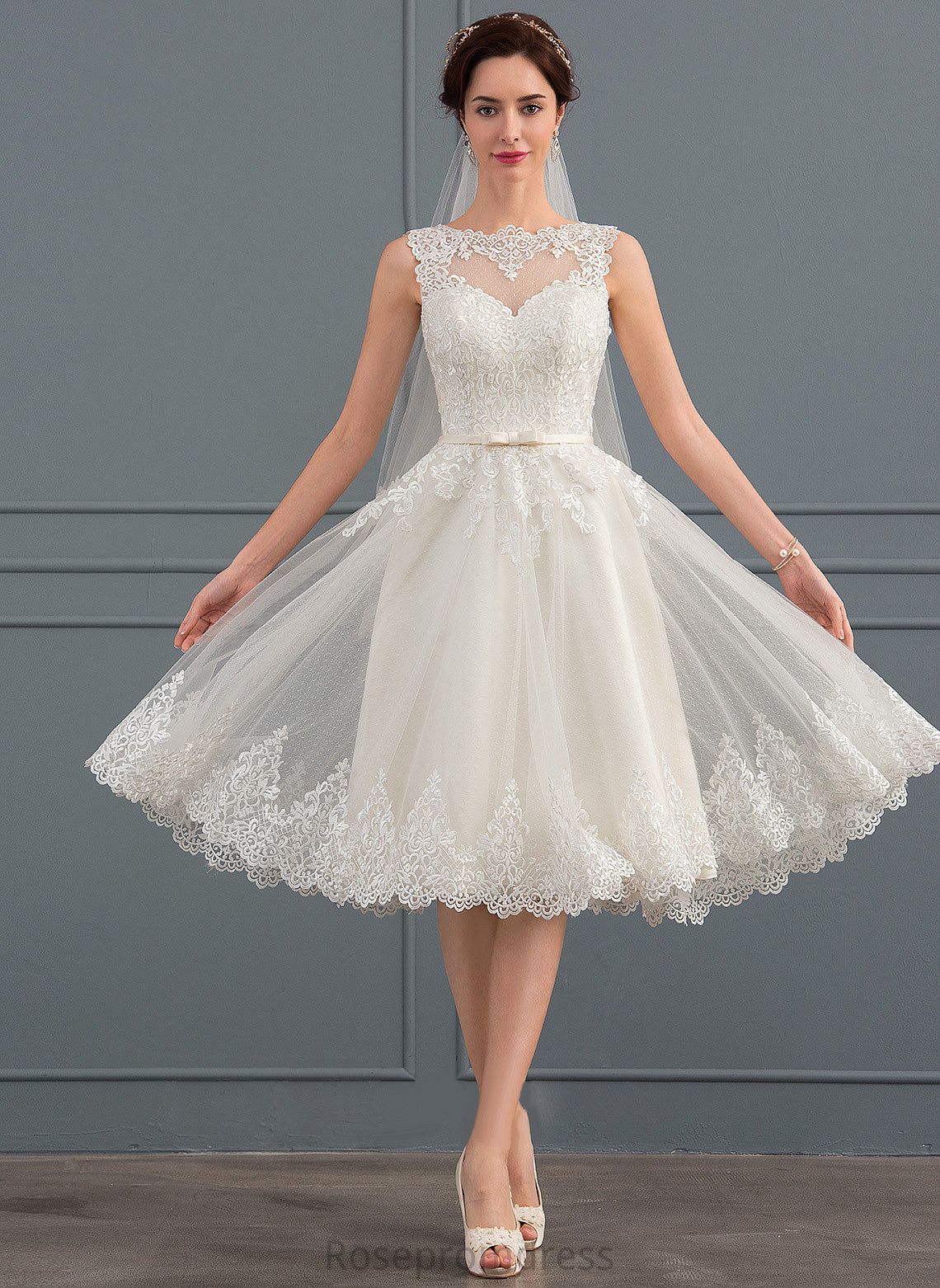 Wedding Dresses Dress Lace A-Line With Illusion Knee-Length Mikaela Wedding Satin Bow(s) Tulle