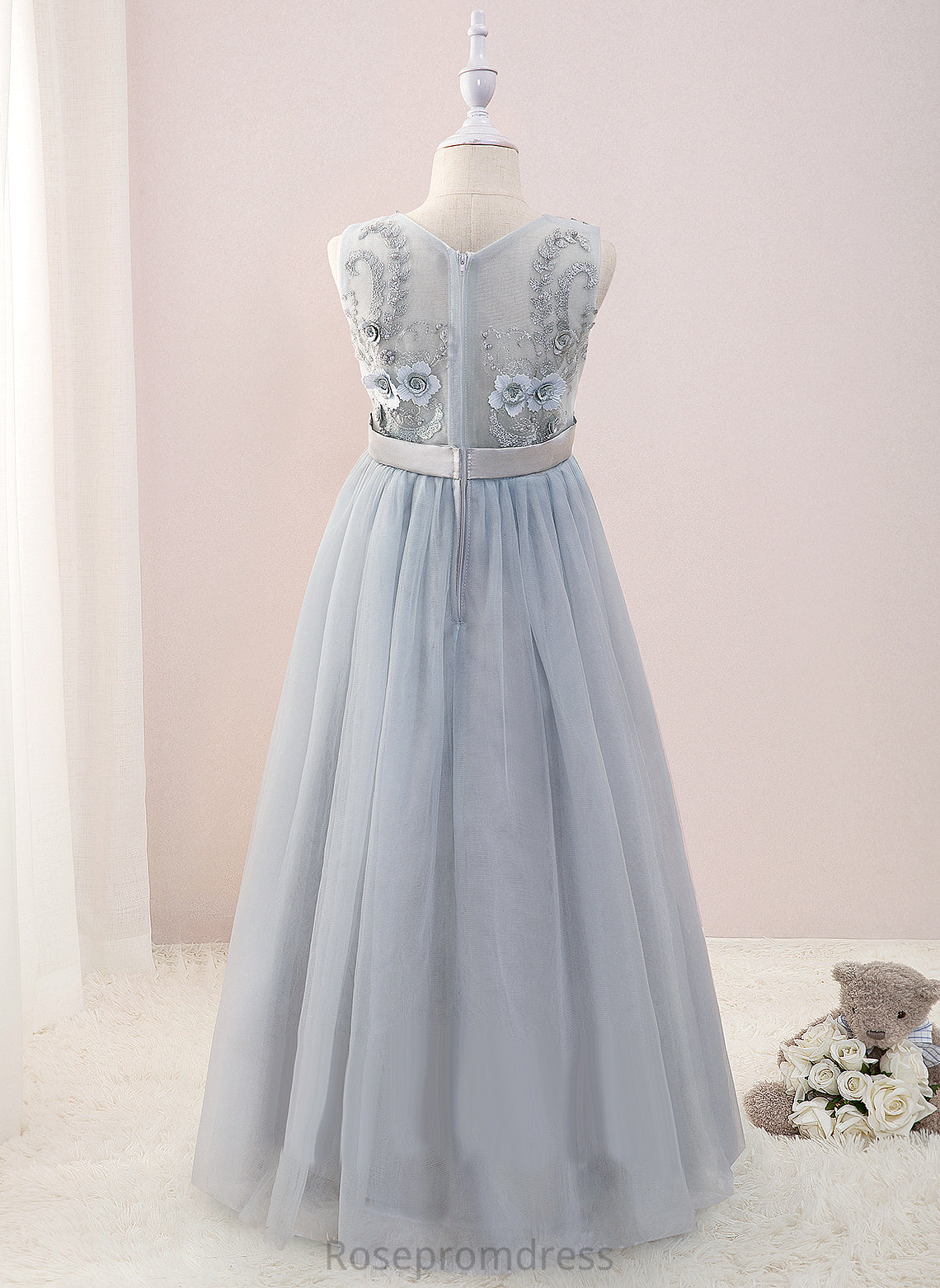 Flower A-Line Sleeveless Beading/Flower(s) Dress - Tulle/Lace Flower Girl Dresses Floor-length With V-neck Veronica Girl