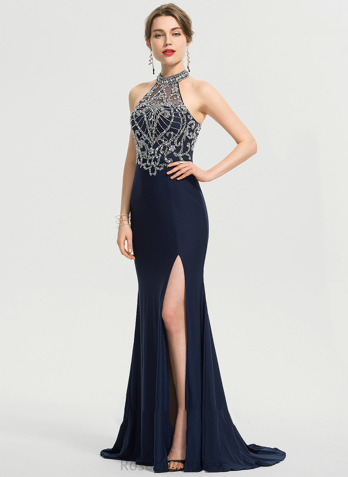 Prom Dresses Train Front Sweep Neck Adrianna Split Scoop Beading Sheath/Column Jersey With Sequins