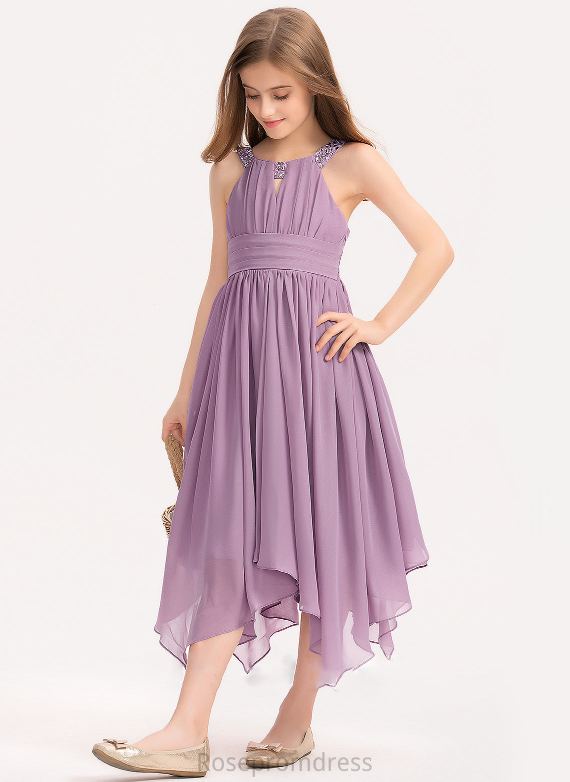 Bow(s) Tea-Length Ruffle Beading Scoop With Mylie Junior Bridesmaid Dresses Neck A-Line Chiffon