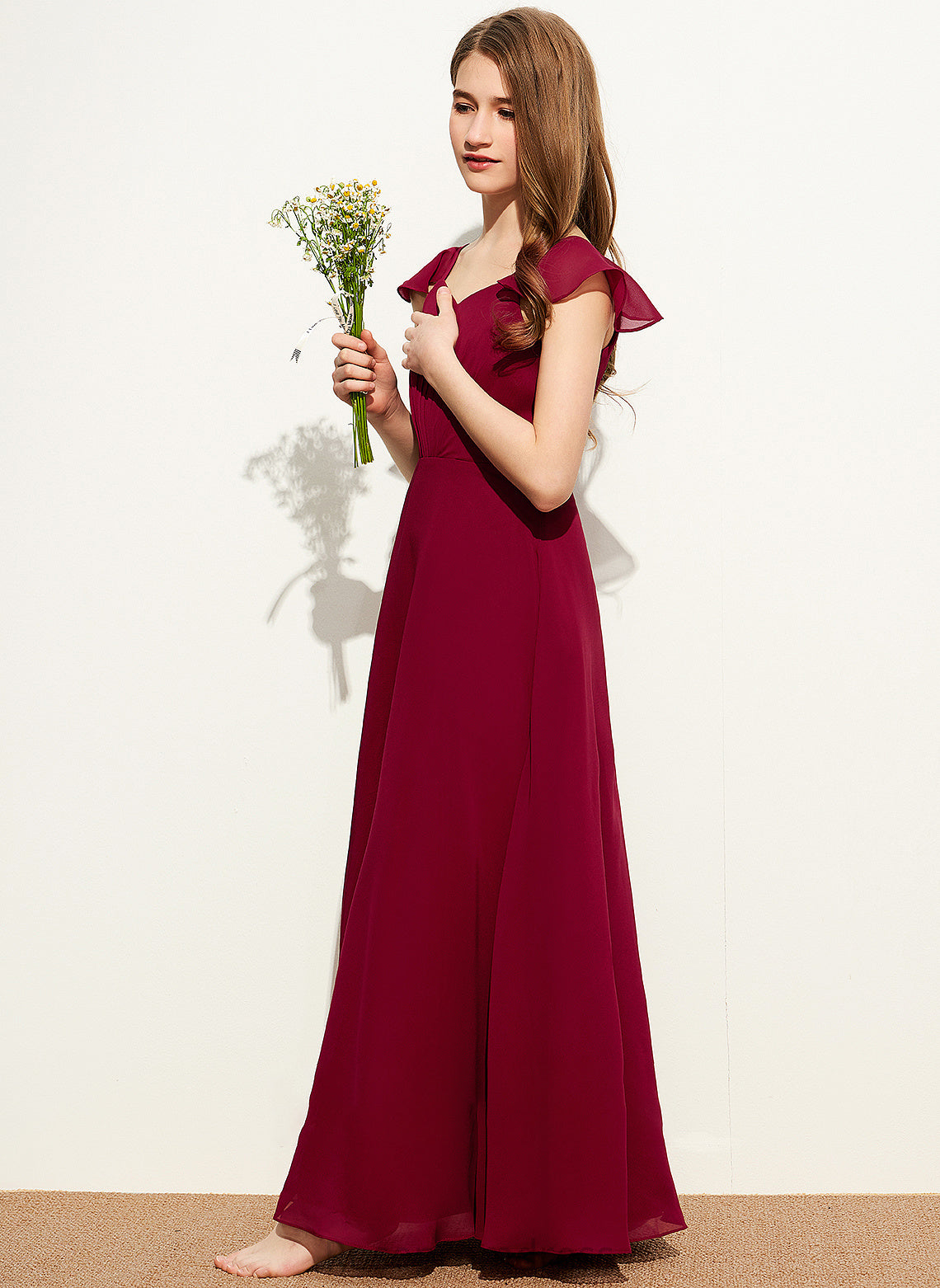 Junior Bridesmaid Dresses V-neck Edith A-Line Chiffon Floor-Length With Ruffle