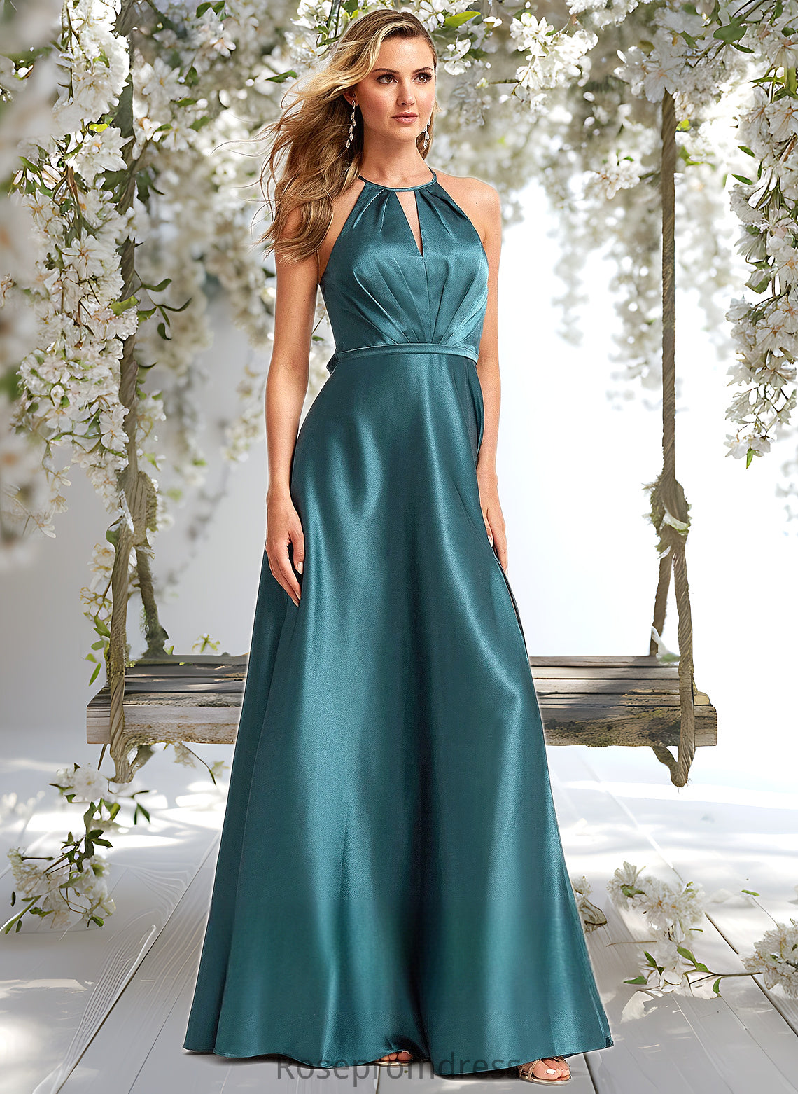 Jaelynn A-line Halter Floor-Length Stretch Satin Bridesmaid Dress DSP0025731