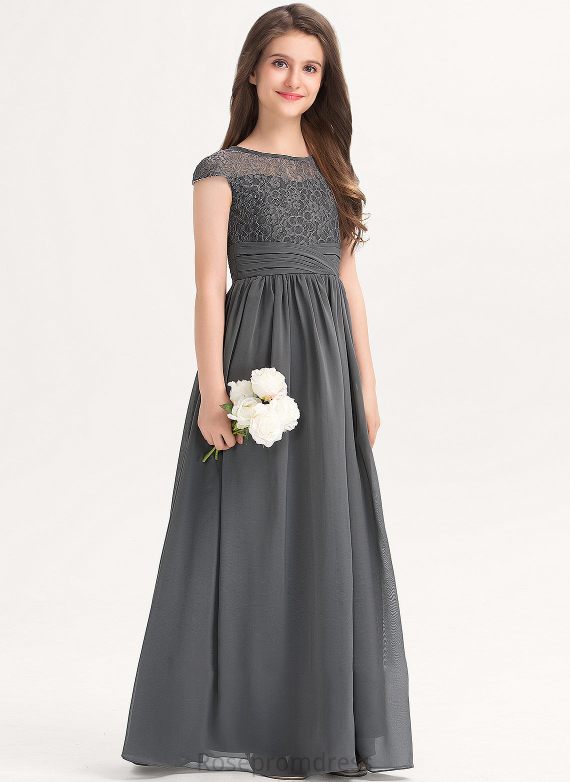 A-Line Ruffle Lace Neck Scoop Floor-Length Junior Bridesmaid Dresses Chiffon With Esperanza