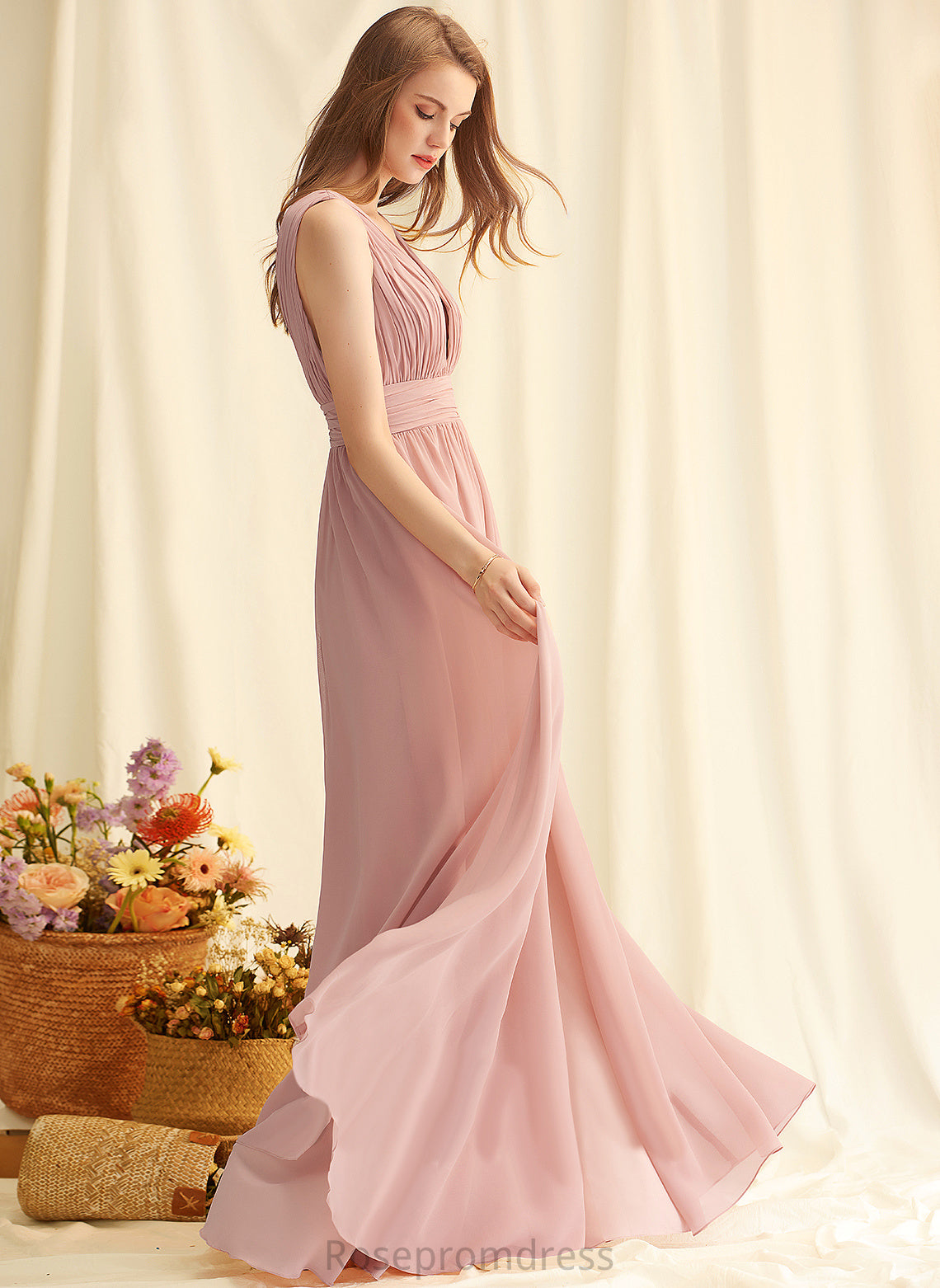 Straps&Sleeves Length V-neck Fabric Neckline Silhouette Floor-Length A-Line Polly Bridesmaid Dresses