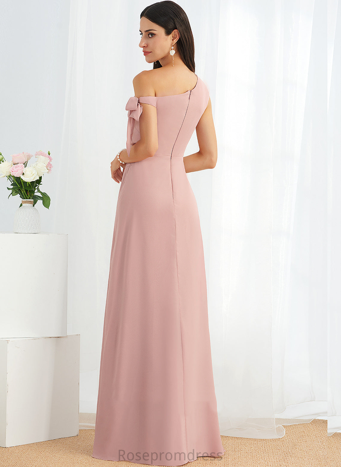 Length Floor-Length A-Line Neckline Fabric Silhouette One-Shoulder Embellishment Bow(s) Laney Natural Waist Straps Bridesmaid Dresses