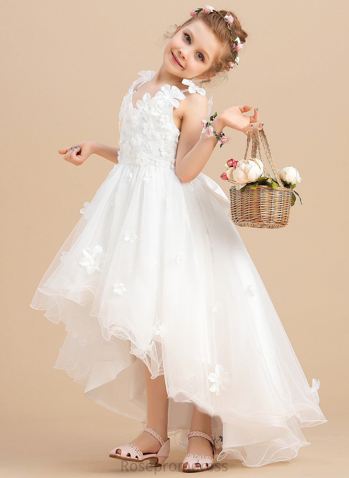 Flower Beading/Flower(s)/Bow(s) Dress Flower Girl Dresses Tulle - With Sleeveless Ball-Gown/Princess V-neck Kate Asymmetrical Girl