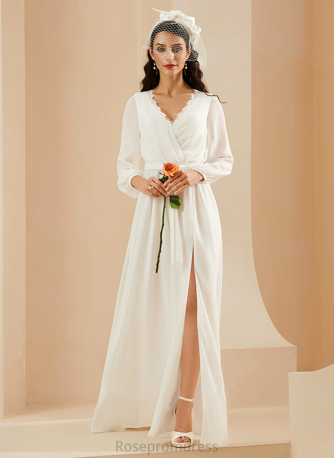 Lace Wedding Dresses Front V-neck Chiffon With Split A-Line Floor-Length Dress Wedding Tatum