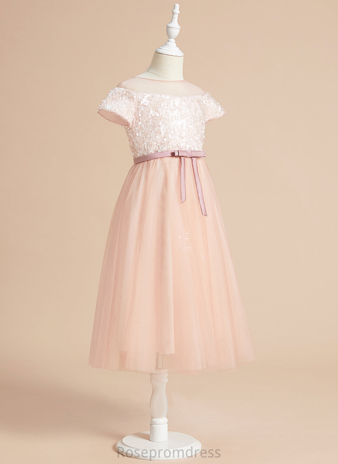 Tea-length Sleeves A-Line Short Girl Dress Sash/Bow(s) Jaslyn Scoop Flower Girl Dresses With - Flower Tulle Neck