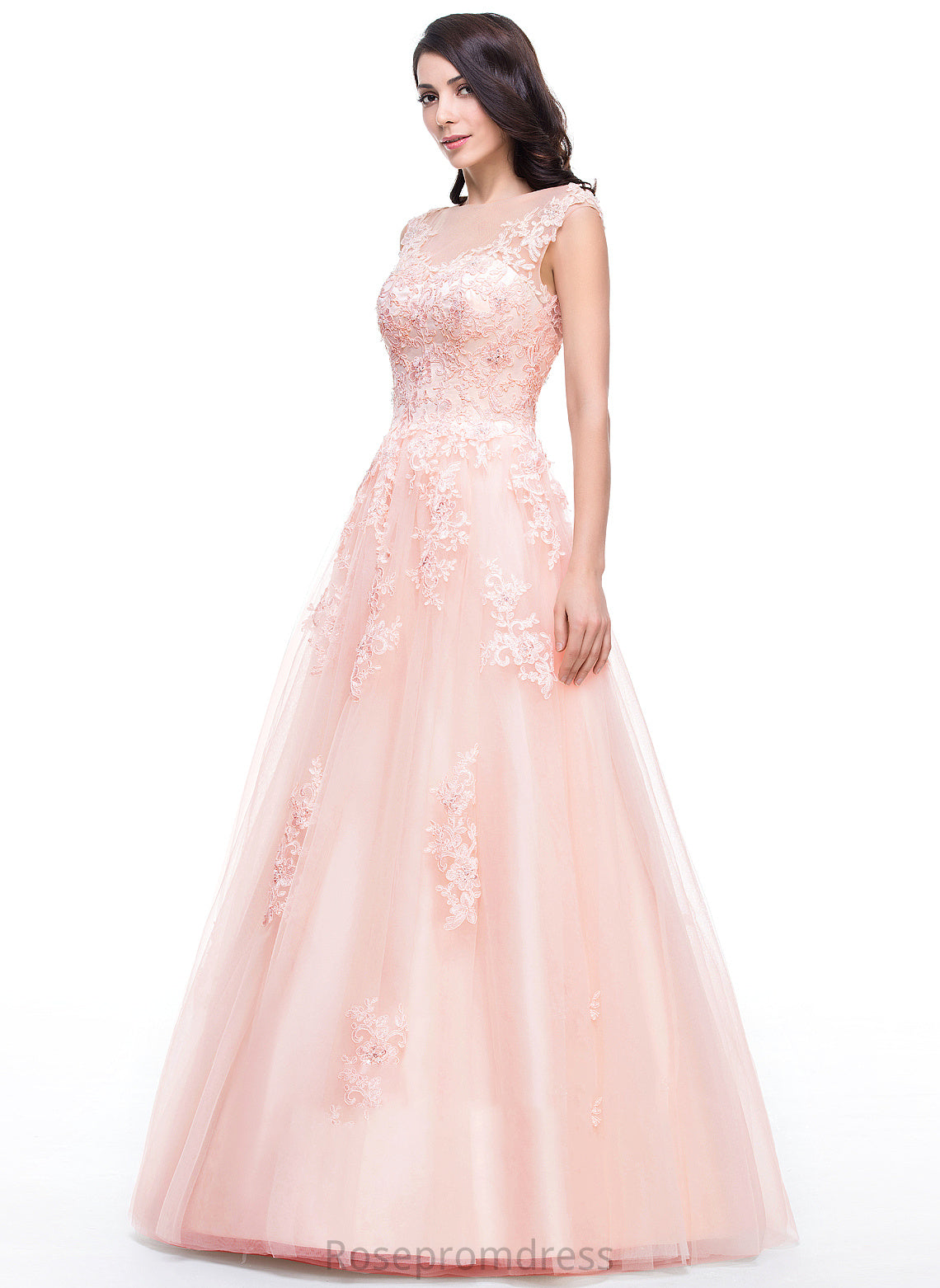 Ball-Gown/Princess Scoop Sequins Prom Dresses Neck Lace Appliques Beading With Tulle Sage Floor-Length