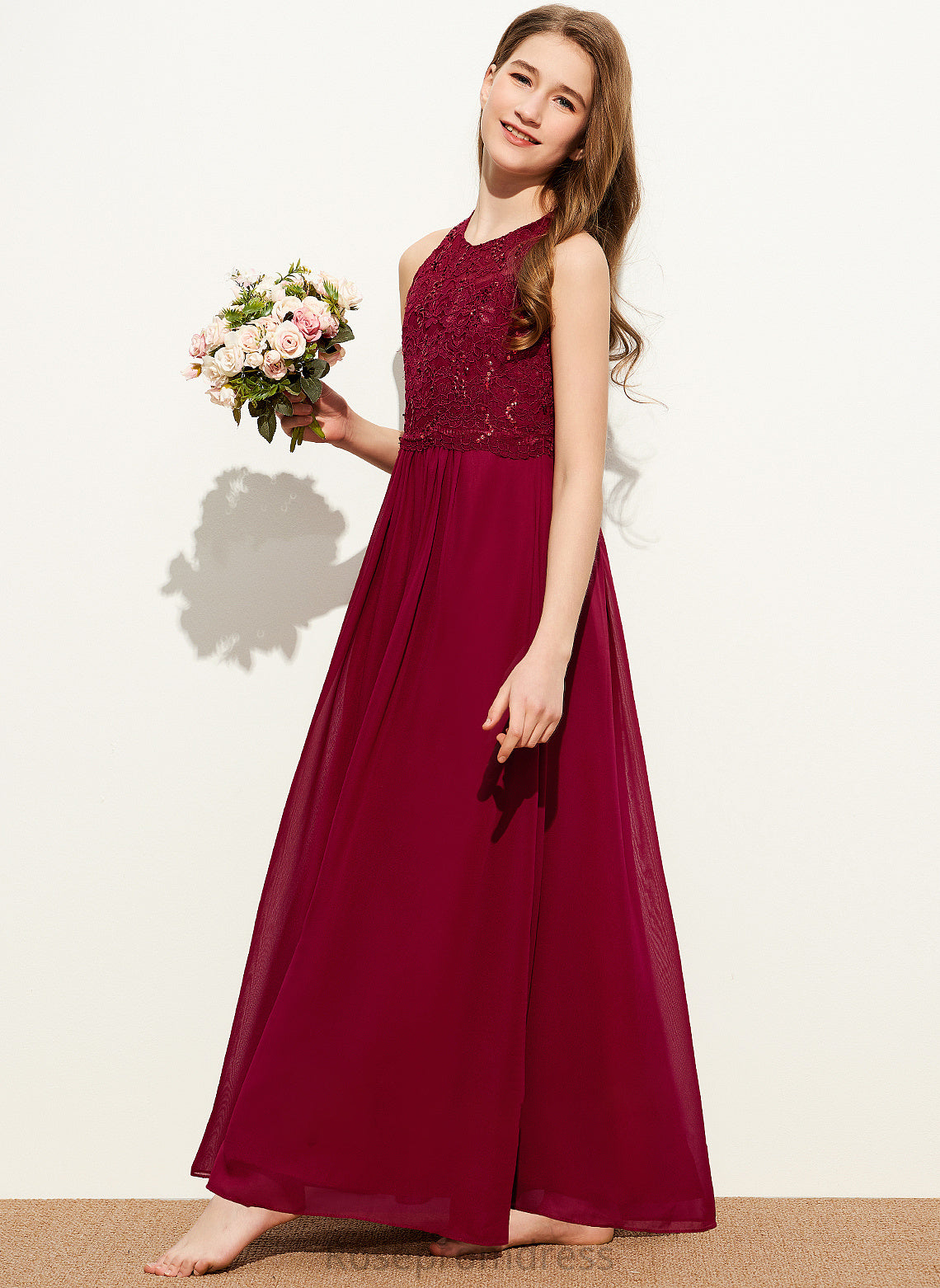 Jamie With Neck Chiffon Sequins Scoop Floor-Length Junior Bridesmaid Dresses Lace A-Line