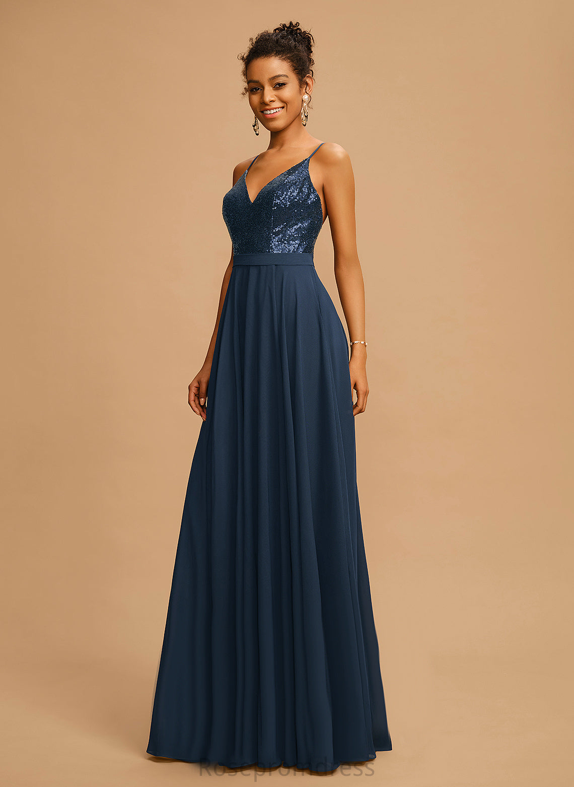 Prom Dresses Sequined Chiffon With Miranda Floor-Length V-neck A-Line Sequins