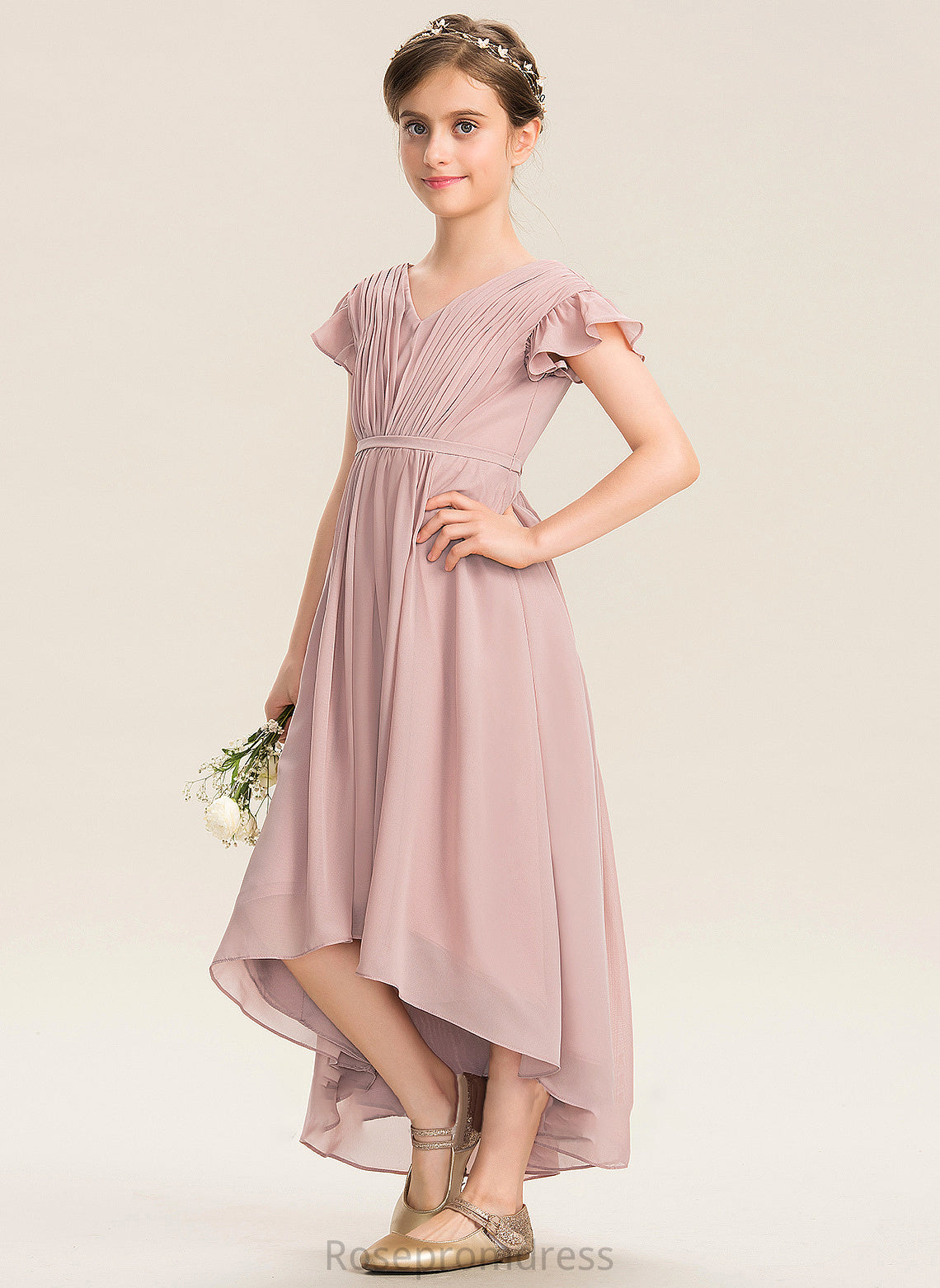 Angelica V-neck Asymmetrical Junior Bridesmaid Dresses Bow(s) Chiffon Ruffles A-Line Cascading With