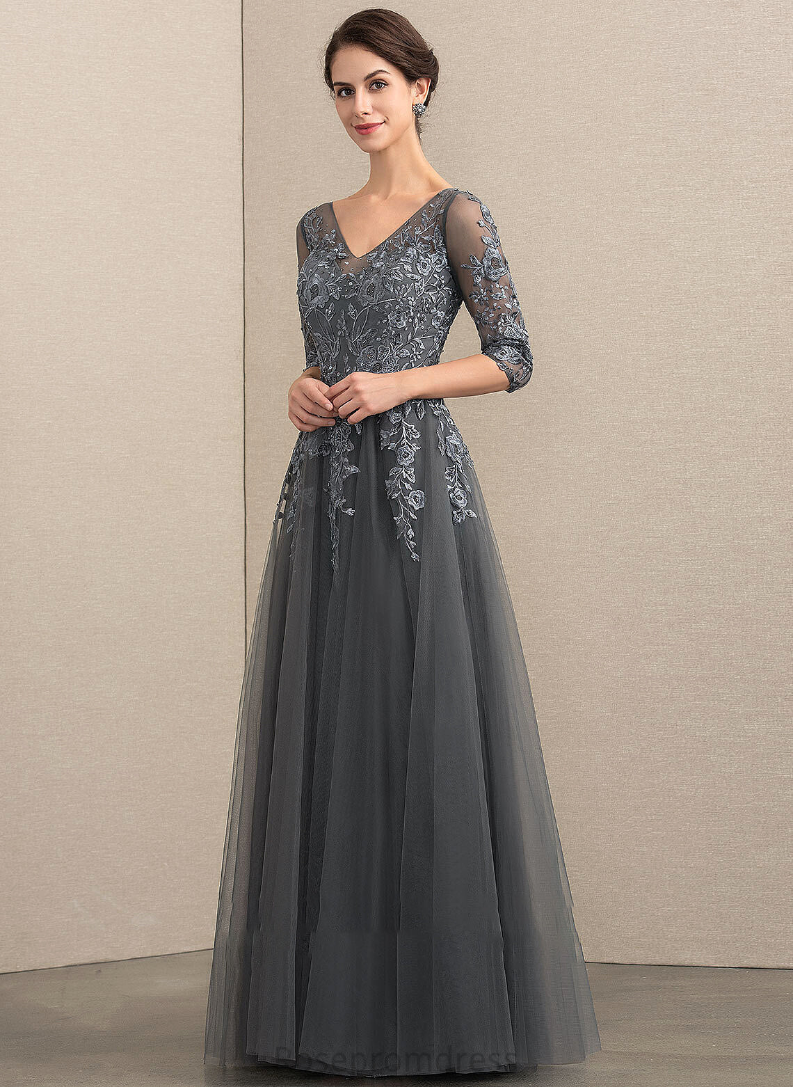 With A-Line Beading Lace V-neck Mother Bride Sequins Dress of the Mother of the Bride Dresses Cameron Floor-Length Tulle