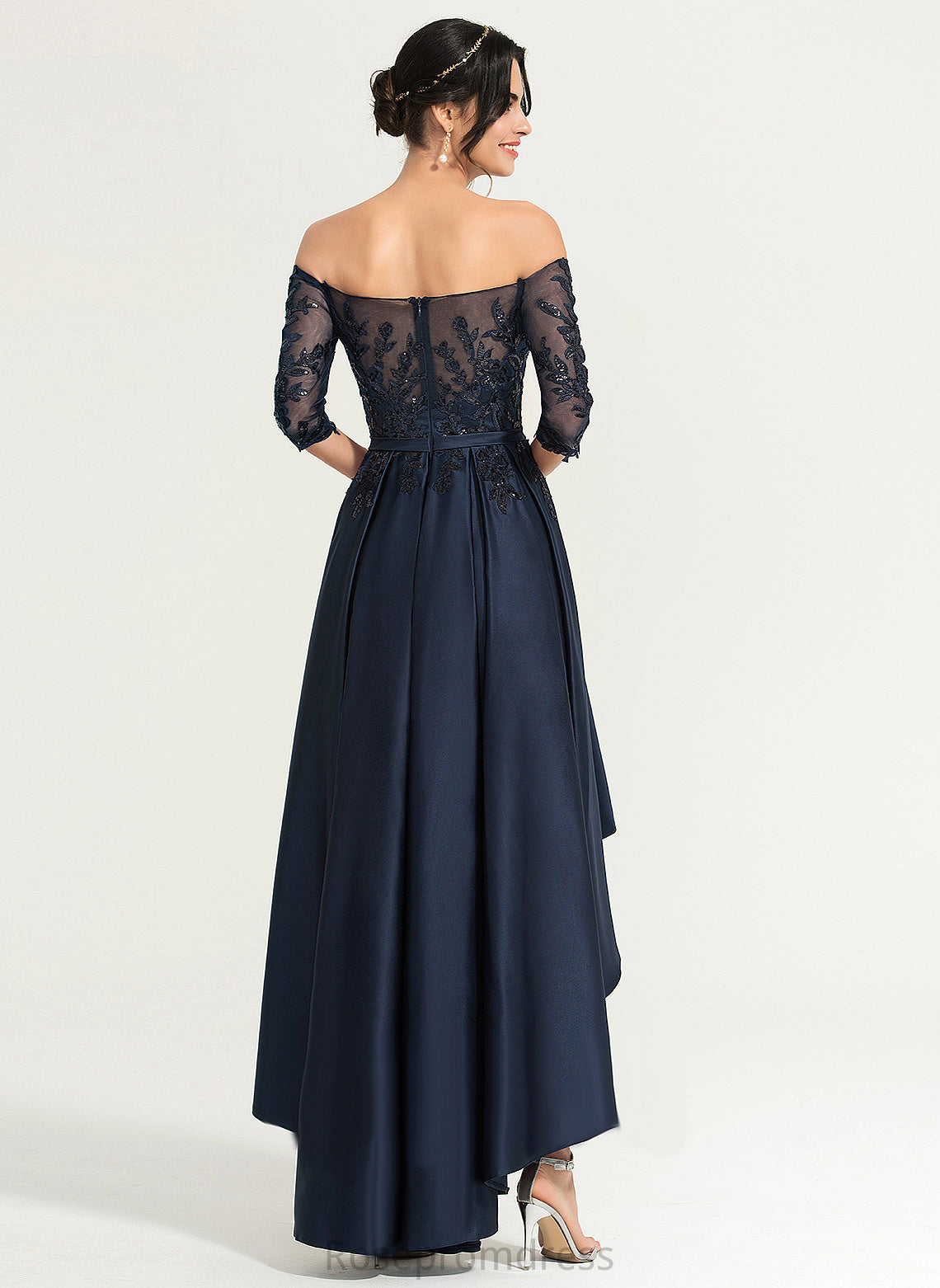 Asymmetrical With Khloe A-Line Sequins Prom Dresses Off-the-Shoulder Lace Satin