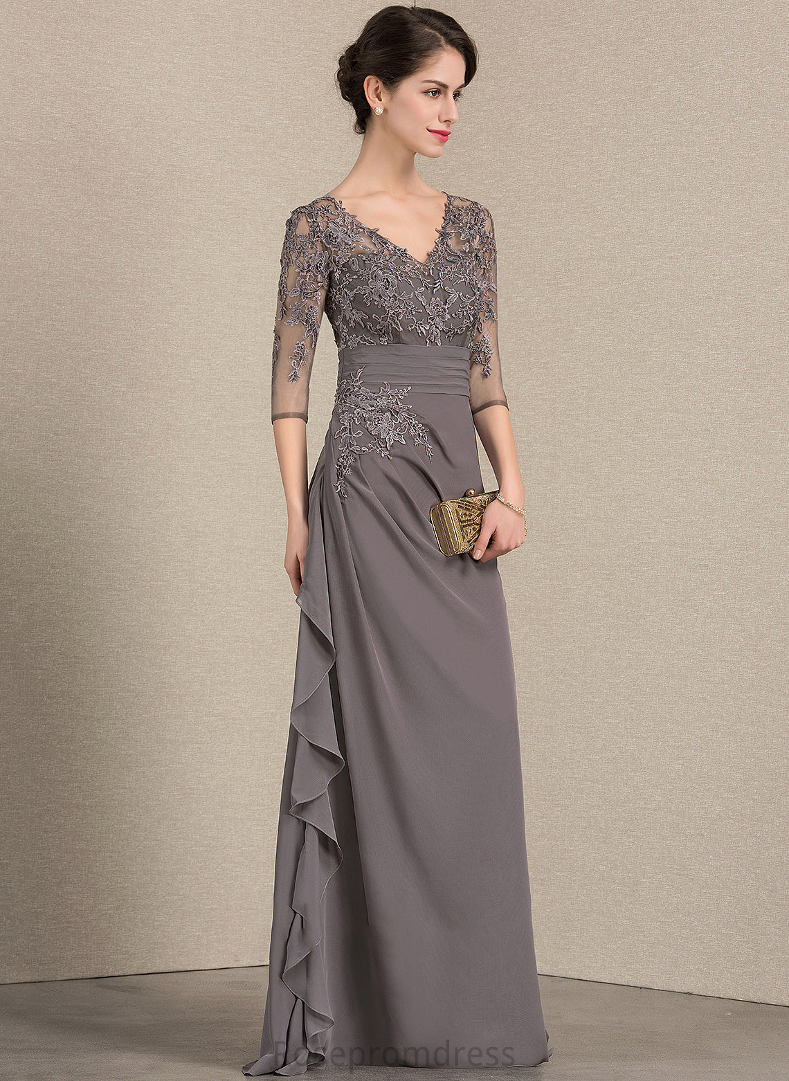 Cascading Mother Bride Ruffles A-Line Lace With V-neck the Chiffon Dress Floor-Length Mother of the Bride Dresses Sam of