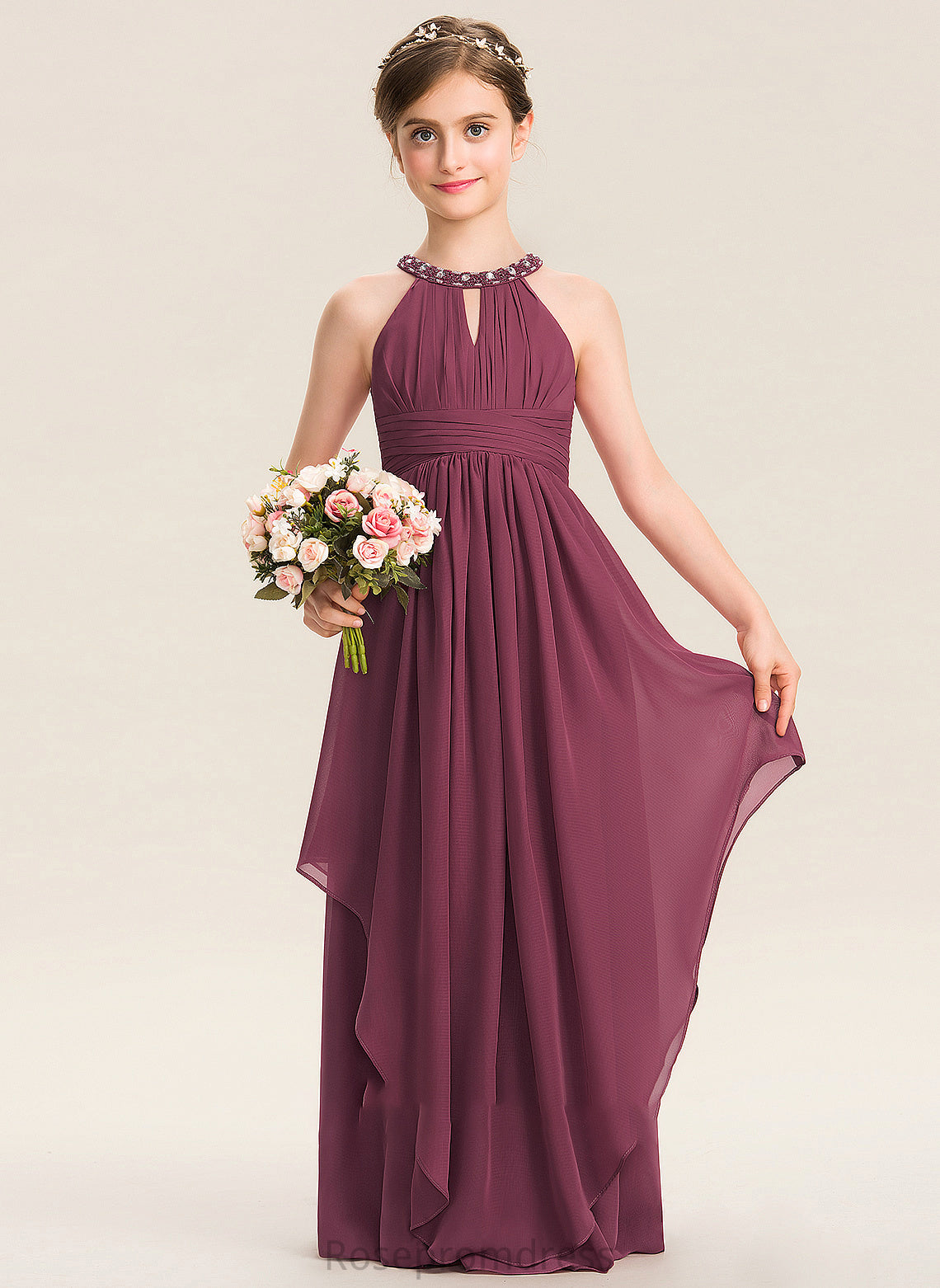 Beading Junior Bridesmaid Dresses Ruffle Jolie Neck With Floor-Length Scoop A-Line Chiffon