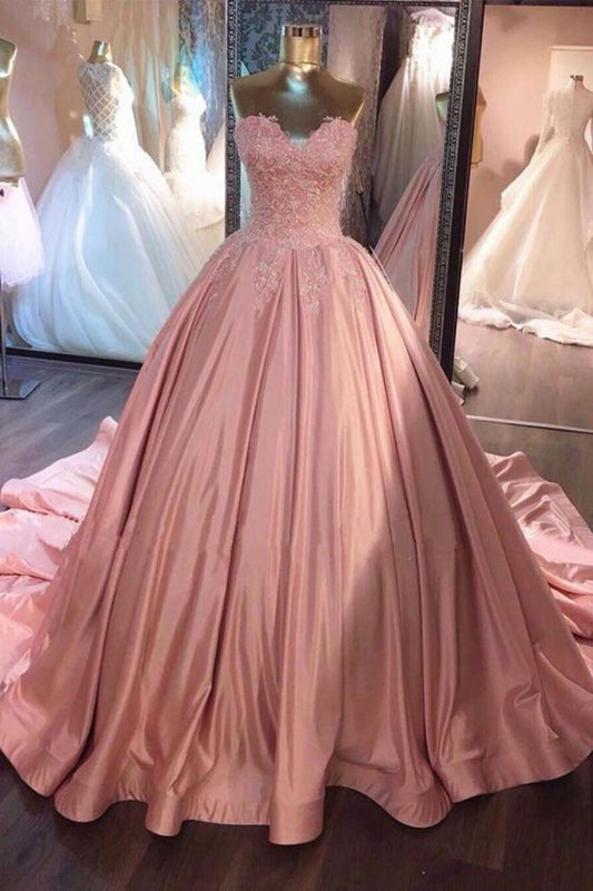 2024 Ball Gown Sweetheart Satin With Applique Court Train Quinceanera Dresses