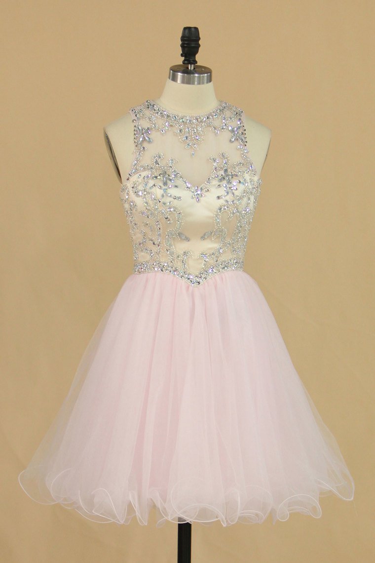 2024 Scoop A-Line Homecoming Dresses Beaded Bodice Tulle Short/Mini