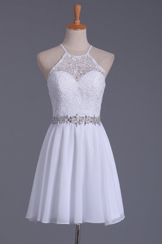 2024 White Halter Homecoming Dresses A Line Chiffon & Lace Short/Mini