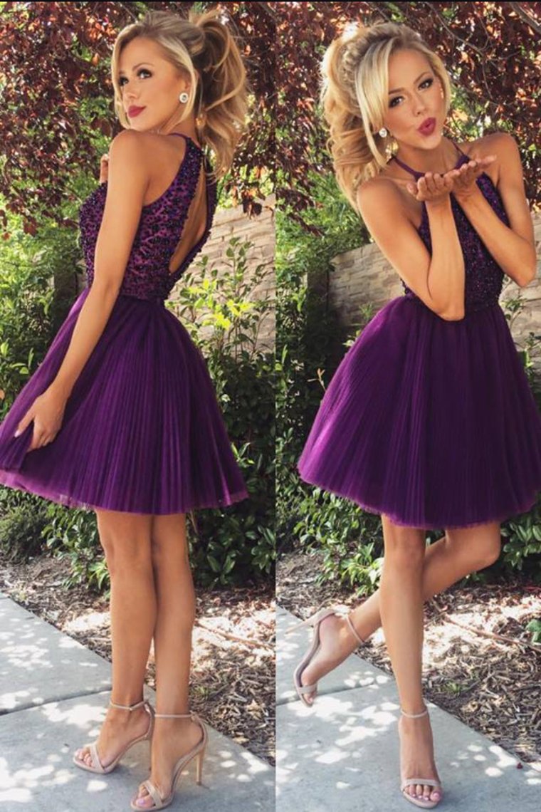 2024 Halter Homecoming Dresses A-Line Tulle Short/Mini Beaded Bodice