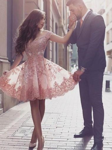 Off Shoulder Short Sleeves Mini Blush Lace Homecoming Dress with Appliques RS609