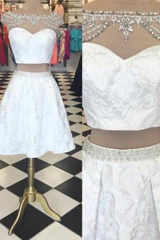 Trendy Two Piece Bateau Cap Sleeves Short White Homecoming Dress Beading Lace RS454