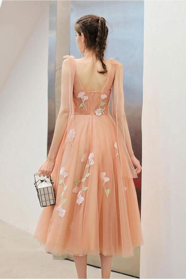 Tea Length Unique Graduation Dress With Appliques, A Line Tulle Homecoming Dresses