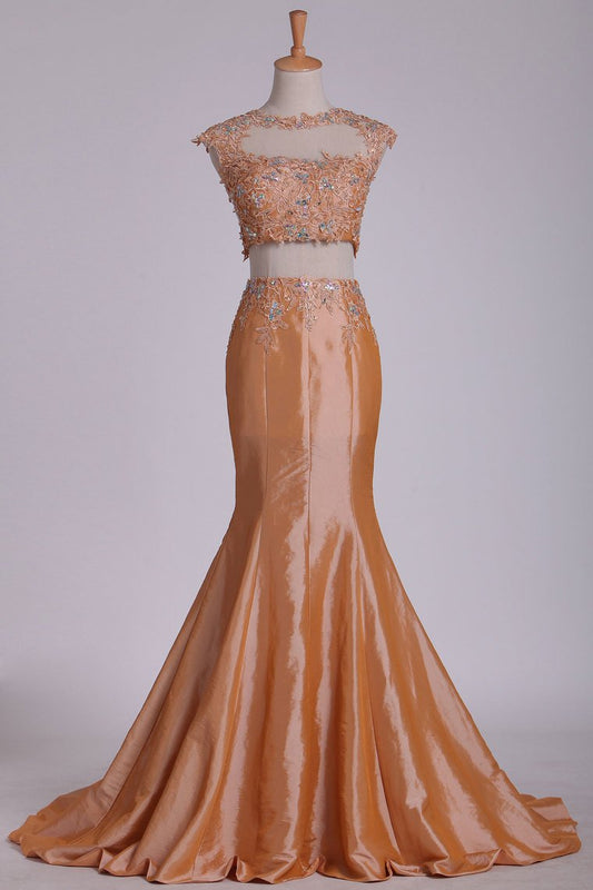 2024 Taffeta Two Pieces Prom Dresses Bateau Mermaid With Beading And Applique Sweep Train