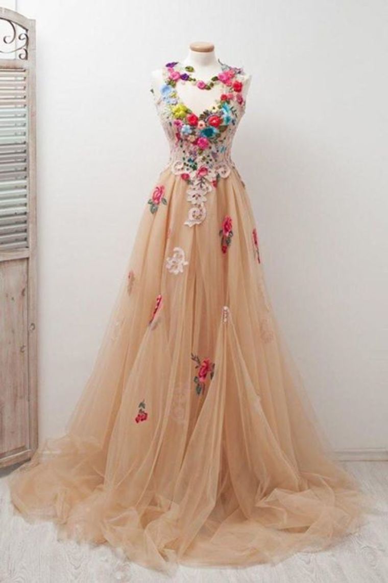 A Line Straps Appliqued Prom Dress, Cheap Sweep Train Tulle Evening Dresses