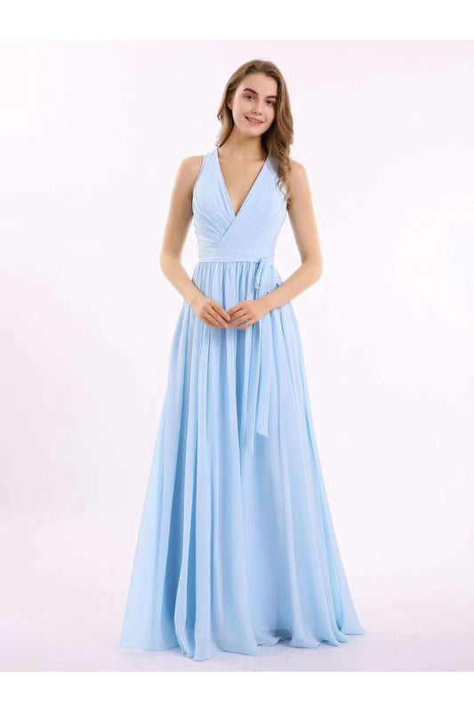 Prom Dresses V Neck A Line Chiffon Floor Length With Ruffles