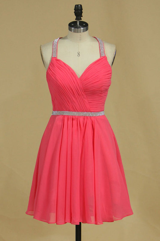 2024 Halter A Line Short/Mini Homecoming Dresses Chiffon With Beads And Ruffles