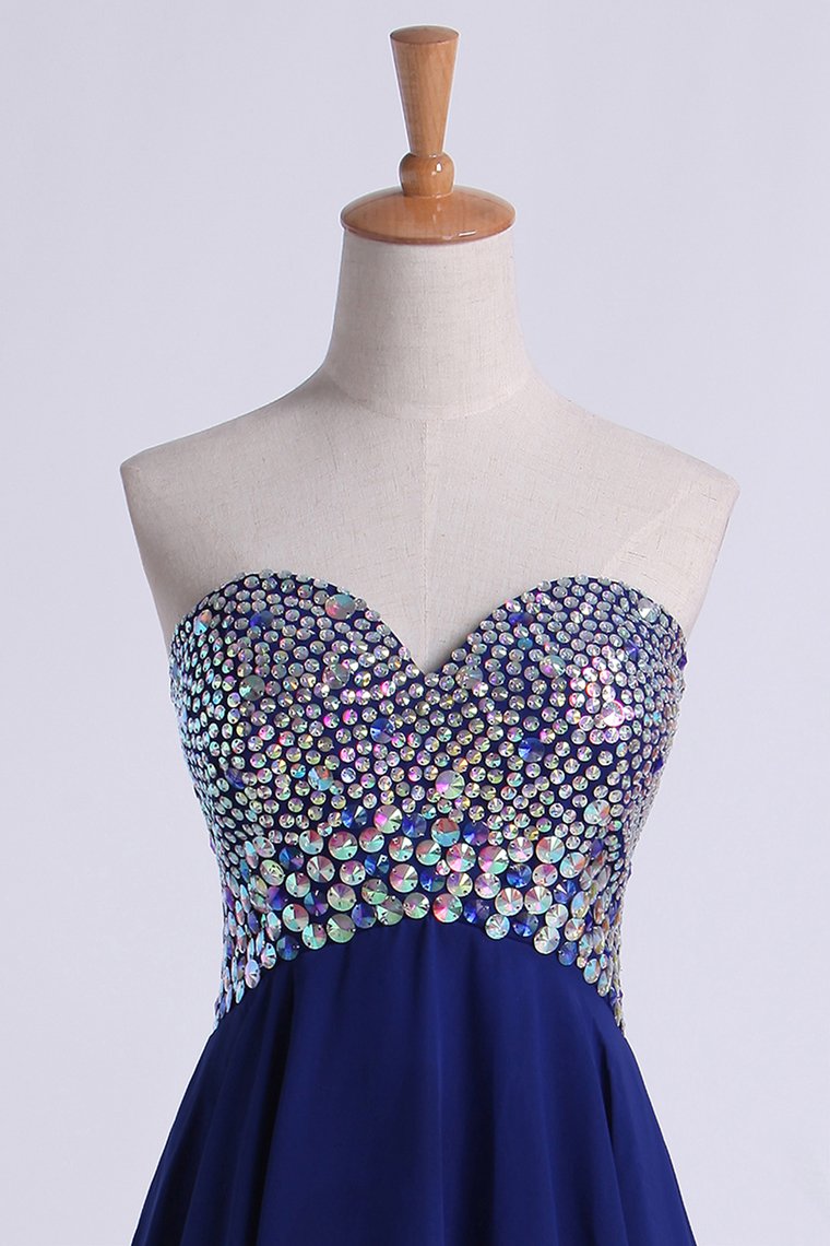 2024 Homecoming Dress Dark Royal Blue Beaded Sweetheart Short/Mini A Line/Princess Chiffon