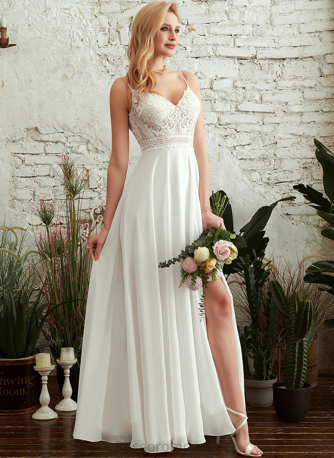 Chiffon Lace A-Line With Split Wedding Dresses Front V-neck Wedding Dress Catherine Floor-Length