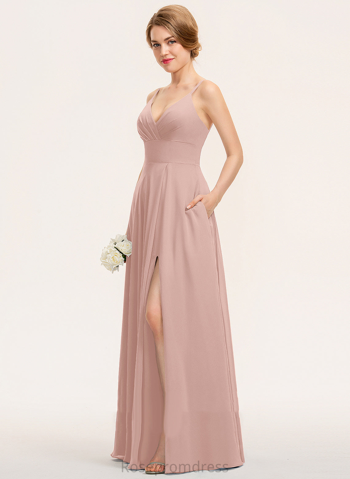 A-Line Pleated With Chiffon Terri V-neck Prom Dresses Floor-Length