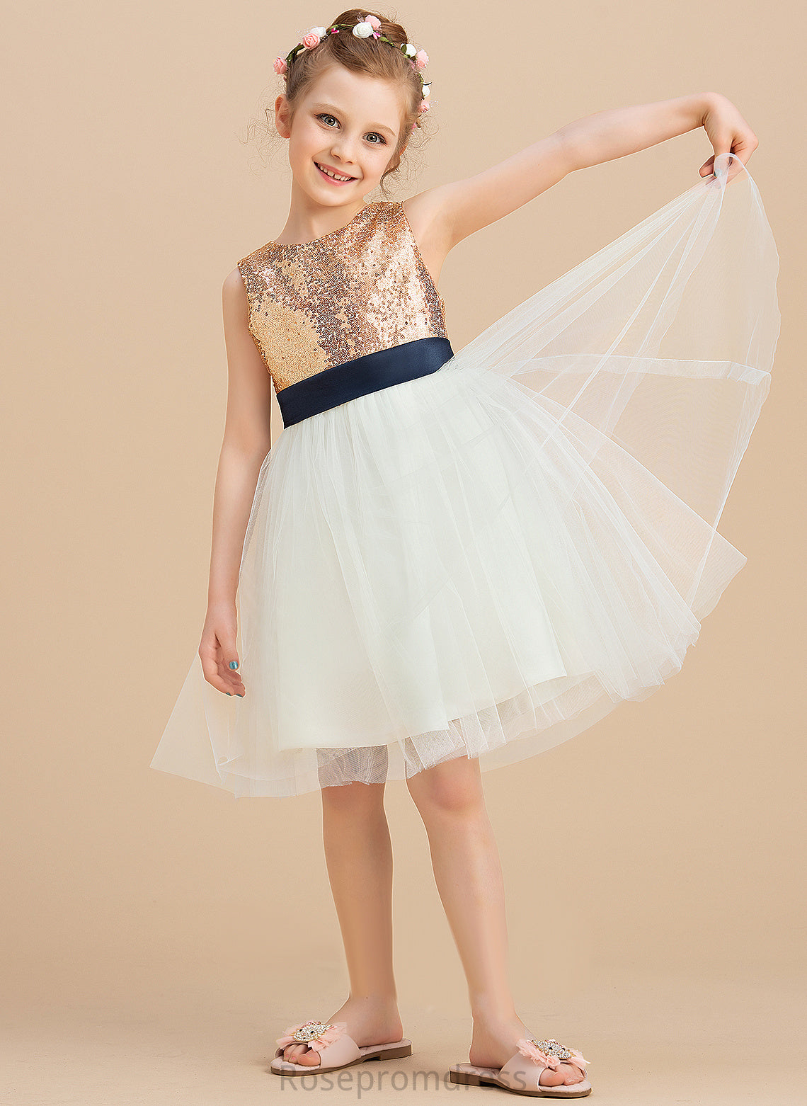 Knee-length Flower (Undetachable Girl Neck Sleeveless With Dress A-Line Satin/Tulle/Sequined Sequins/Bow(s) Flower Girl Dresses Scoop Paityn sash)